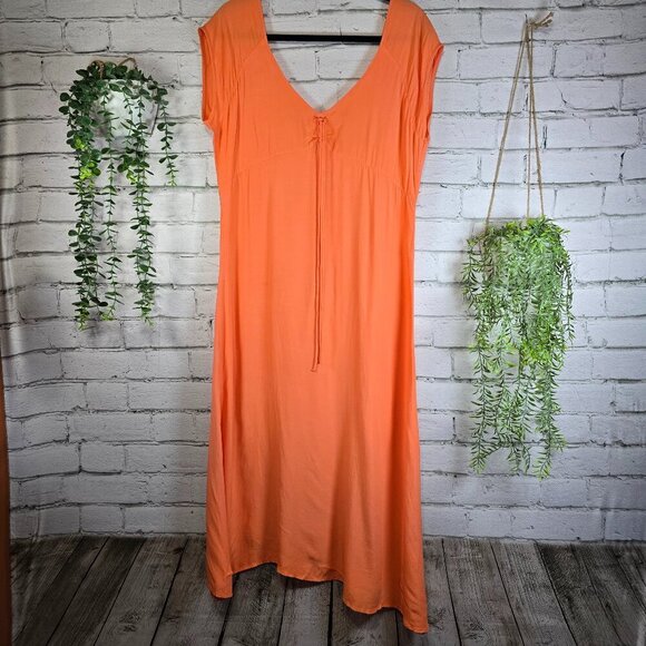 WOMENS LONG DRESS MELON COLORED CAP SLEEVE ASYMETRIC HEM SIZE LG AMUSE SOCIETY - Picture 1 of 6